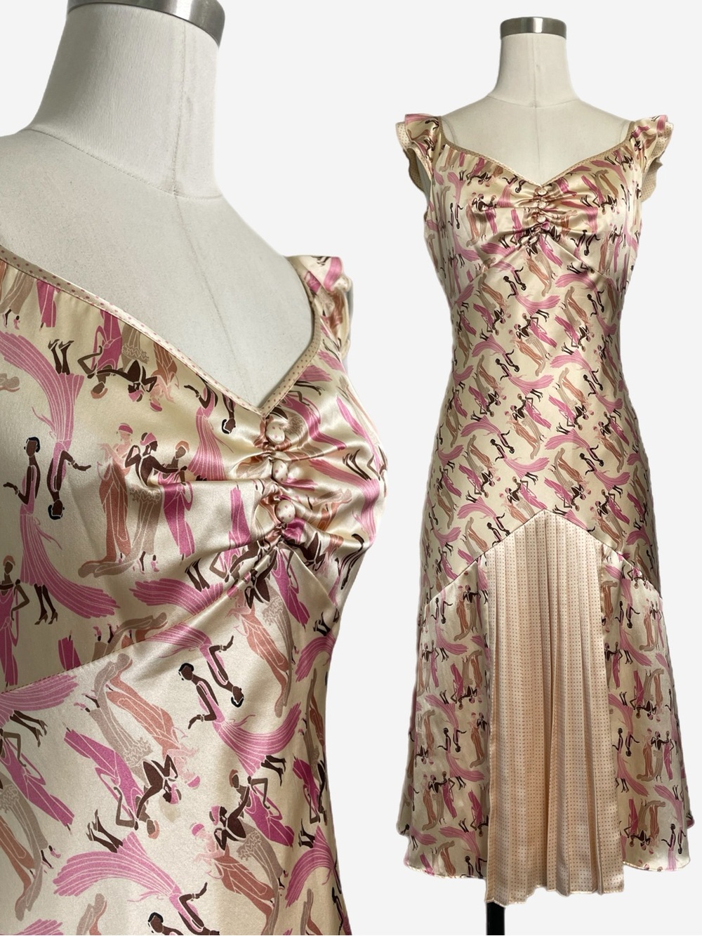 Vintage Y2K Laundry by Shelli Segal pink cream silk flapper print dress rare XS